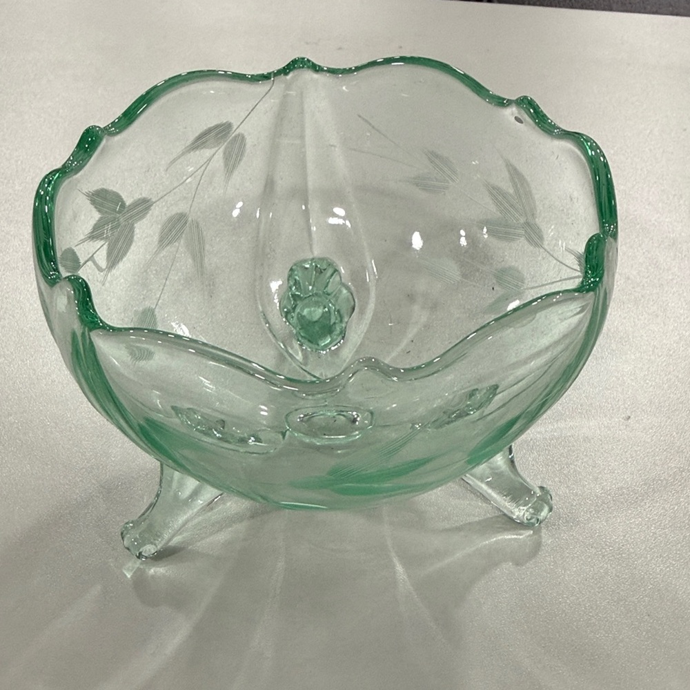 Lancaster Jubilee 3-footed petal bowl in green depression glass.